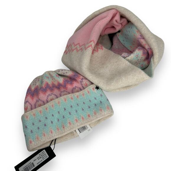 NEW Jocelyn Brand Scarf & Hat Set Pastel Winter Fair Isle Print Wool Blend NWT - Picture 1 of 16
